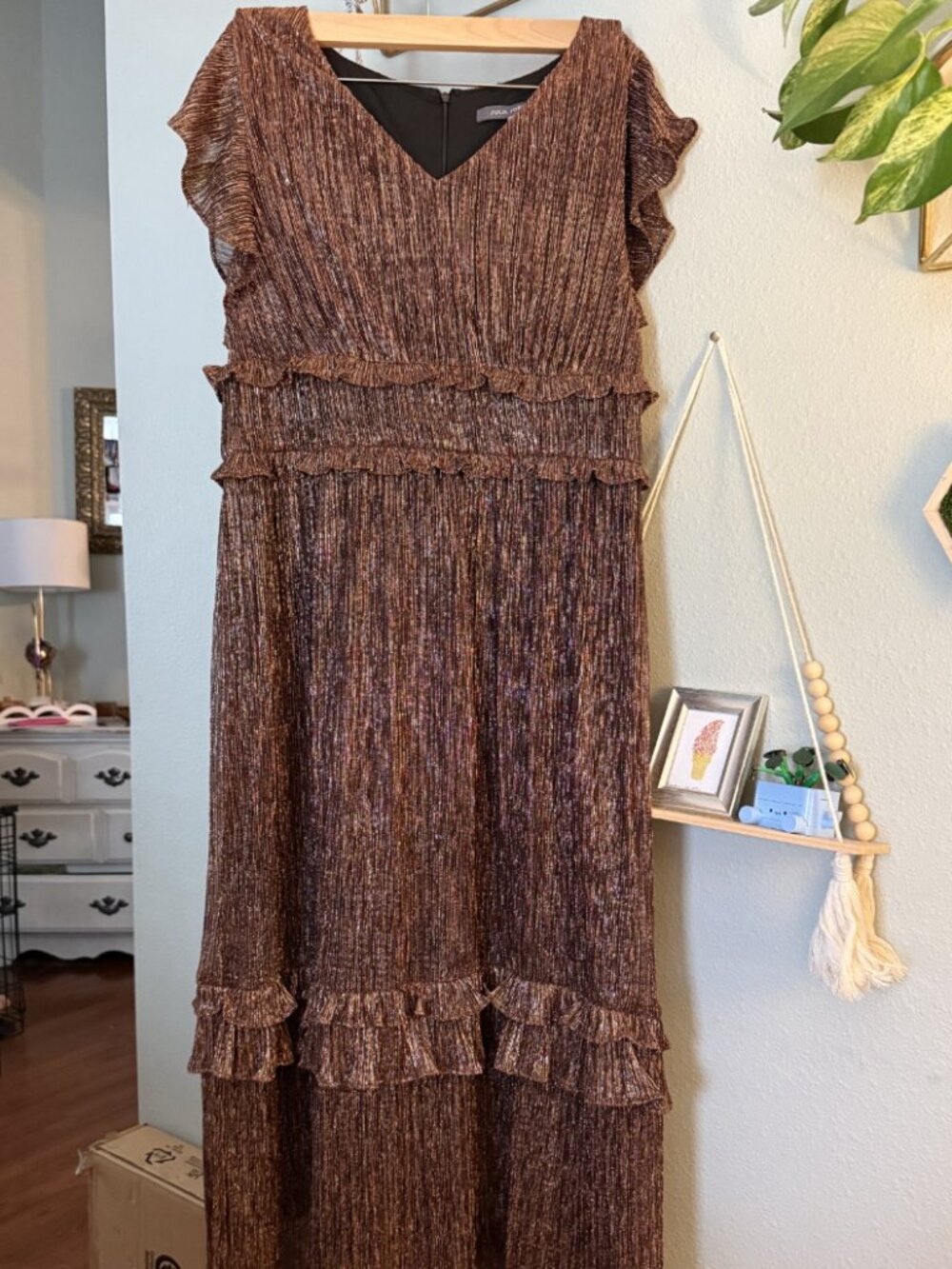Julia Jordan Copper Metallic Pleated Tiered Maxi Dress Sz 12